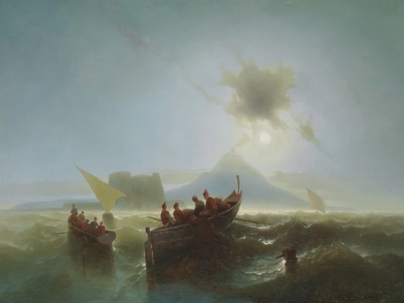 1818-Francesco Gamba - Pescatori salpano sulle loro barche all'alba al largo di Napoli